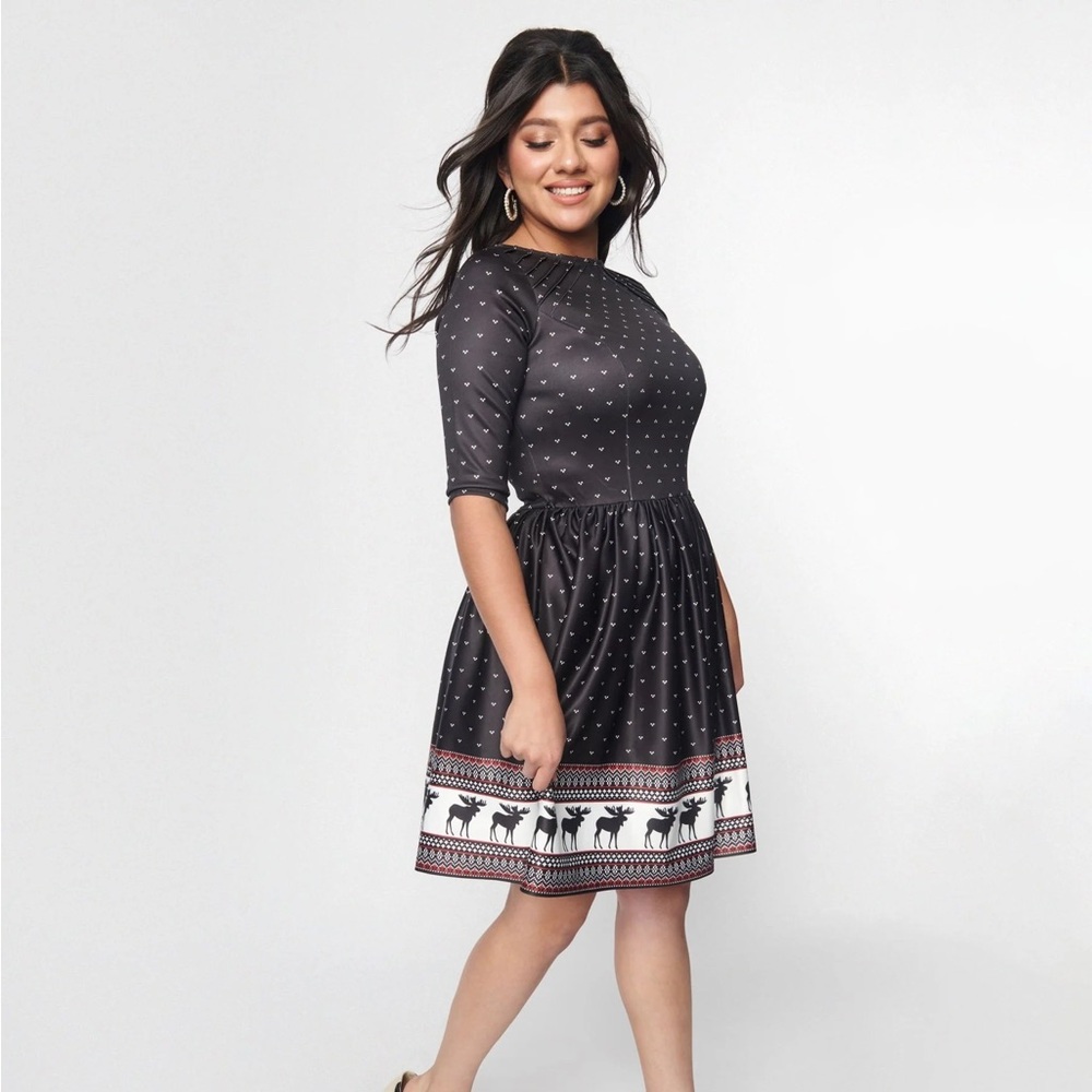 Unique Vintage Black Moose Fair Isle Stephanie Fit & Flare Dress